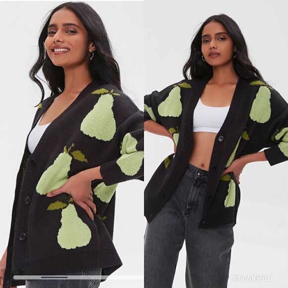 Forever 21 Pear Print V-Neck Chunky Cardigan Sweater - Picture 1 of 11
